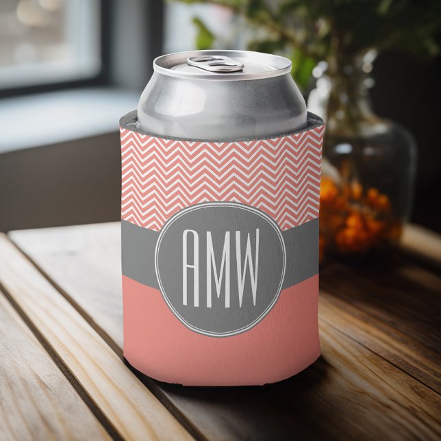 Coral Peach Gray Chevrons Custom Triple Monogram Can Cooler (Celebrate with a personalized can cooler - add your name or monogram. Great party favor or gift)