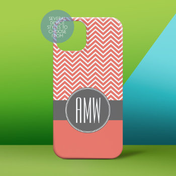 Coral Peach Gray Chevrons Custom Triple Monogram Case-mate Iphone 14 Case by iphone_ipad_cases at Zazzle