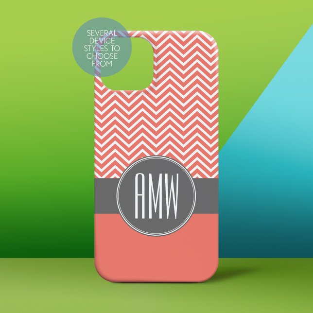 Coral Peach Gray Chevrons Custom Triple Monogram Case-Mate iPhone Case (Personalized Phone Case)