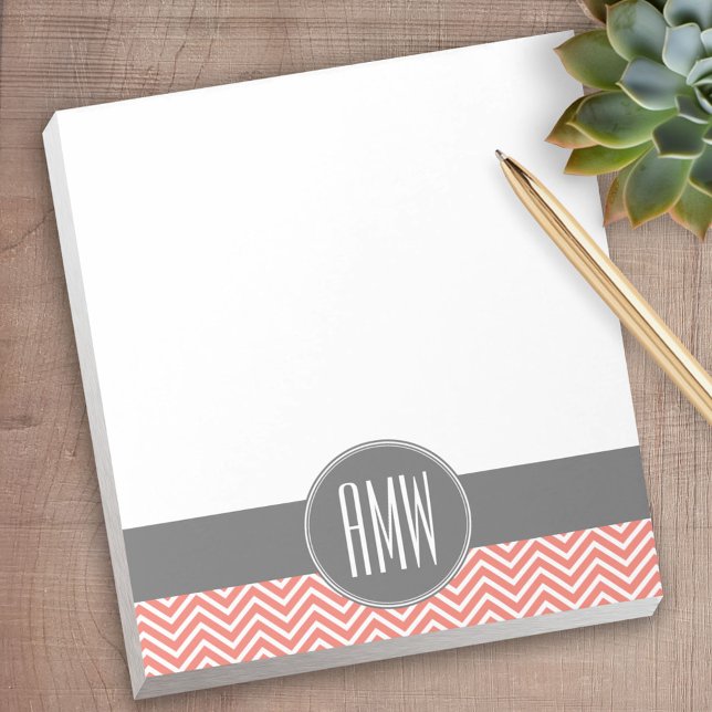 Coral Peach Gray Chevrons Custom Triple Monogram Notepad (Personalized Notepad - a fun gift or useful promotional product)