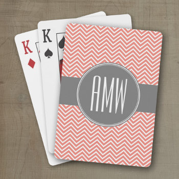 Coral Peach Gray Chevrons Custom Triple Monogram Playing Cards by iphone_ipad_cases at Zazzle