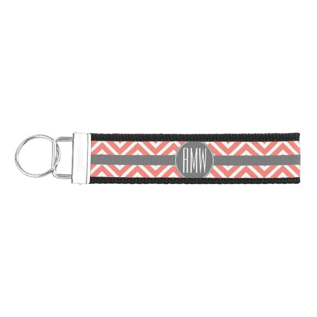 Coral Peach Gray Chevrons Custom Triple Monogram Wrist Keychain (Keys on Left)
