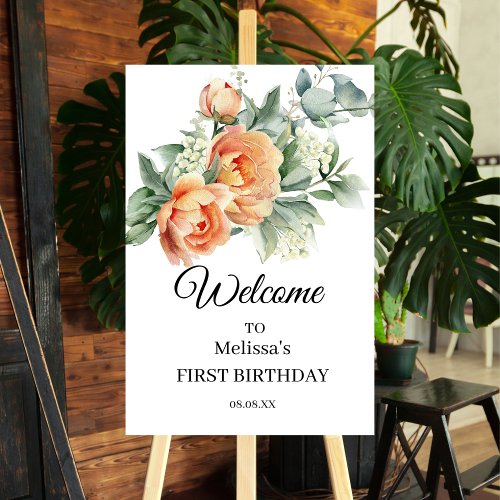 Coral Peach Greenery Welcome First Birthday Foam Board