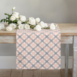 Coral Peach Grey Checkered Rustic Table Decor Long Table Runner