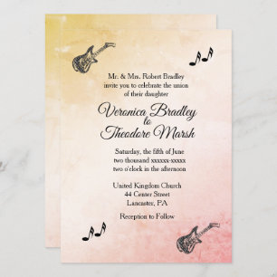 Coral Peach Guitar Theme Wedding Invitation