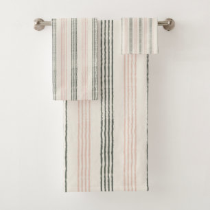 Coral Peach Minimalist Stripe Boho  Bath Towel Set
