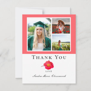 Coral peach Modern Floral Photo Collage Graduation Thank You Card