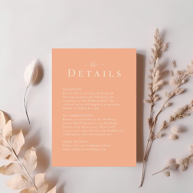 Coral Peach Modern Minimalist Wedding Details Card (Coral Peach Modern Minimalist Wedding Details Card on a table with blush pink dry flowers.)