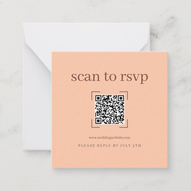 Coral Peach Modern Wedding QR Code Online RSVP Note Card (Front)