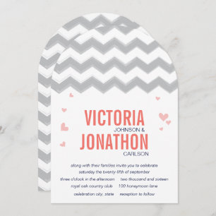 Coral Peach Navy Gray Zig Zag Typography Wedding Invitation
