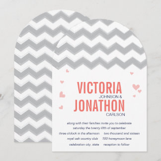 Coral Peach Navy Gray Zig Zag Typography Wedding Invitation
