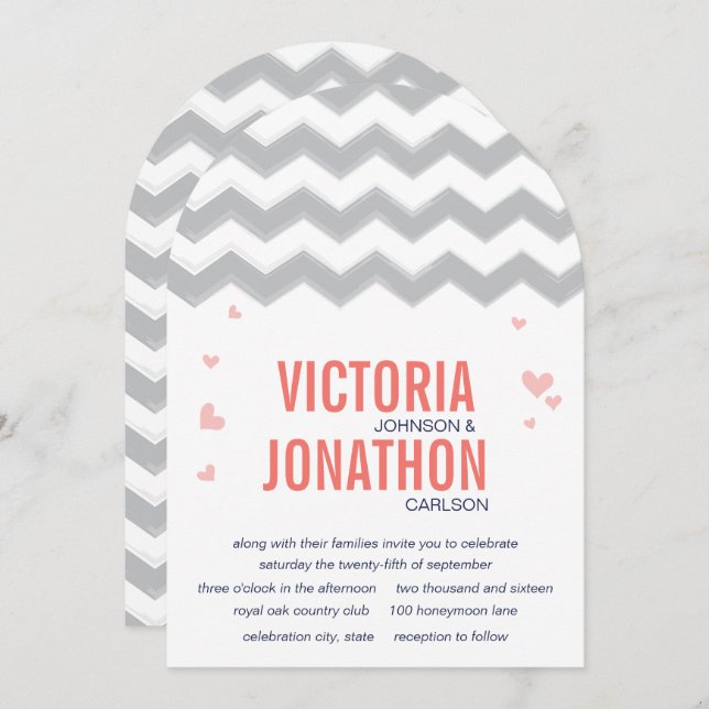Coral Peach Navy Gray Zig Zag Typography Wedding Invitation (Front/Back)
