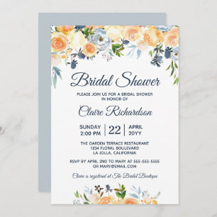 Coral Peach Navy Watercolor Floral Bridal Shower Invitation