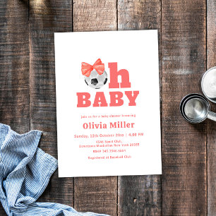 Coral Peach Oh Baby Bow Soccer Sport Baby Shower Invitation