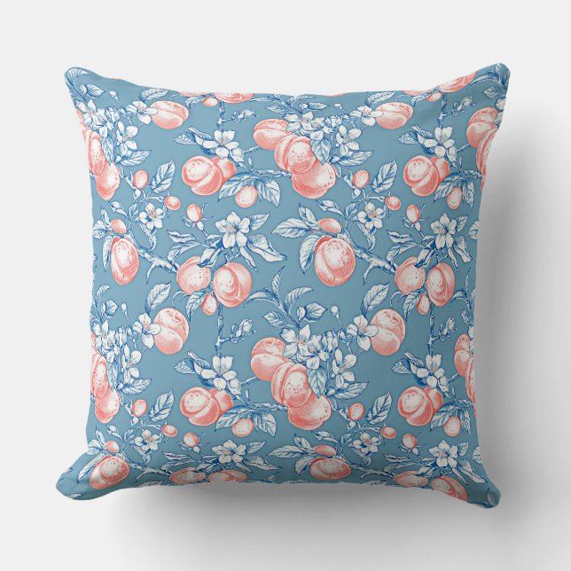 Coral peach pattern on blue background throw pillow (Front)