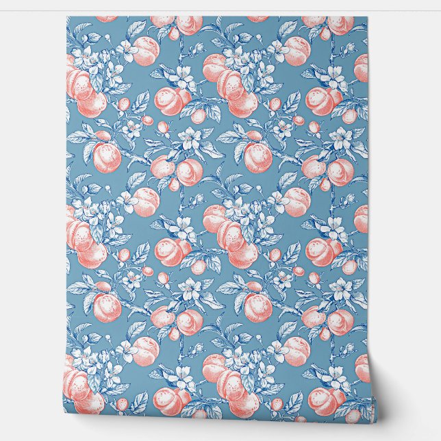 Coral peach pattern on blue background wallpaper  (Unrolling)