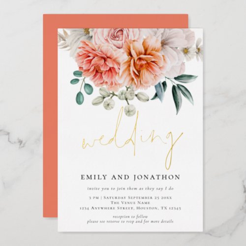 Coral Peach Peonies Florals Script Wedding Foil Invitation