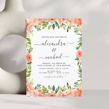 Coral Peach Photo Floral Greenery Wedding Invitation by Hot_Foil_Creations at Zazzle