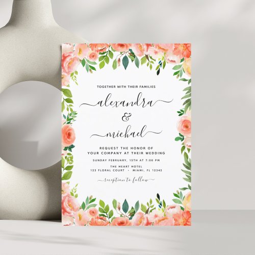 Coral Peach Photo Floral Greenery Wedding Invitation