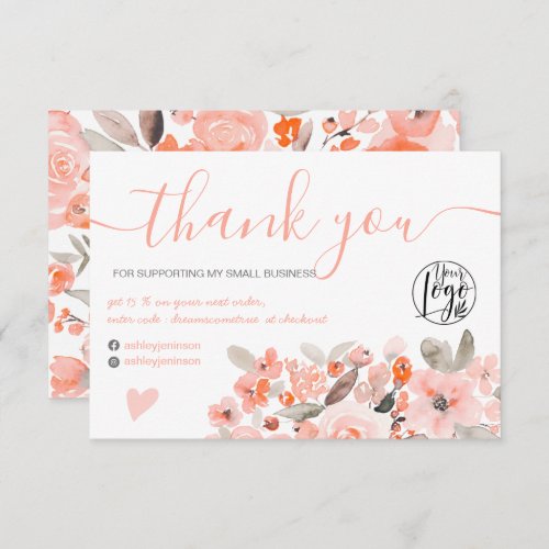 Coral peach pink floral watercolor order thank you