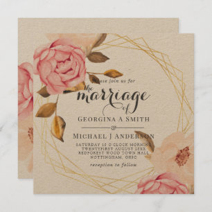 Coral Peach Pink Gold Floral Wedding Invitations