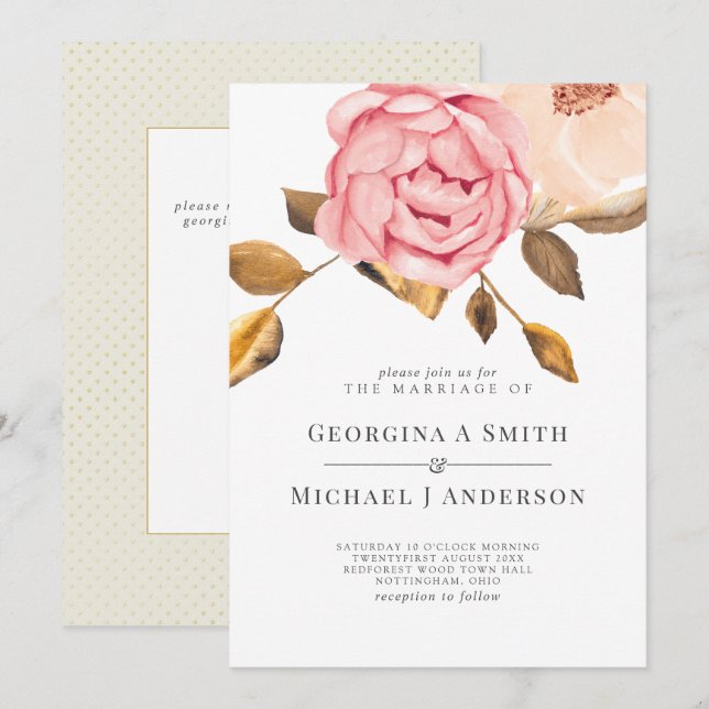 Coral Peach Pink Gold Floral Wedding Invitations (Front/Back)
