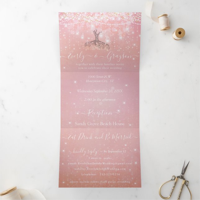 Coral Peach Pink Heart Leaf Tree Wedding Tri-Fold Invitation (Inside)