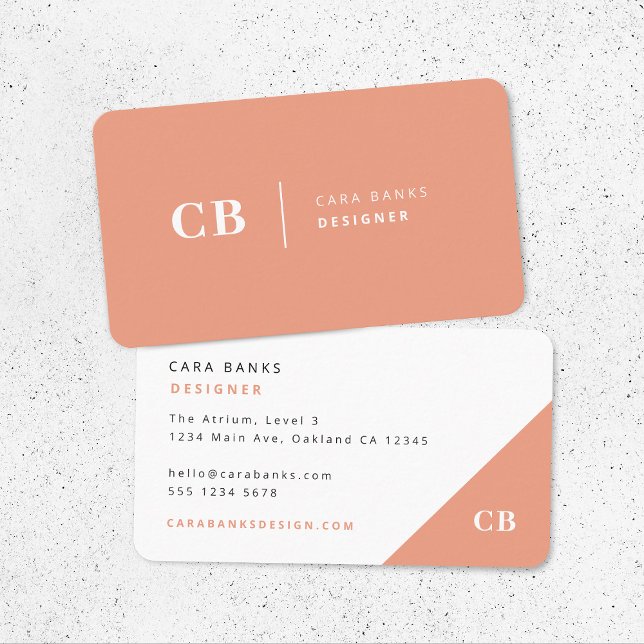 Coral Peach Pink Monogram Stylish Trendy Modern Business Card (Creator Uploaded)