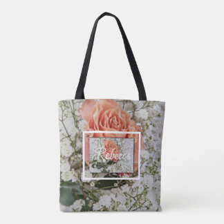 Coral Peach Rose All Over Print Floral Wedding Tote Bag