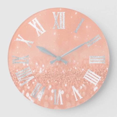 Coral Peach Rose Glitter Metallic Roman Numers Large Clock