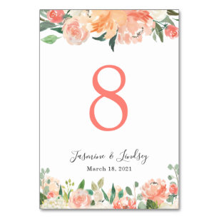Coral & Blue Autumn Watercolour Personalised Wedding Table Number Name Cards 