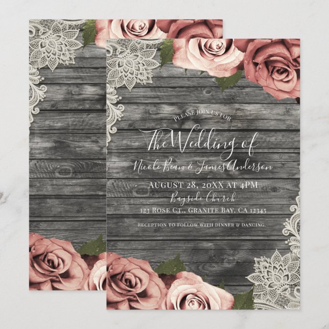 Coral Peach Roses Grey Rustic Wood Lace Wedding Invitation (Front/Back)