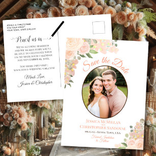 Coral Peach Roses Oval Photo Wedding Save the Date Announcement Postcard