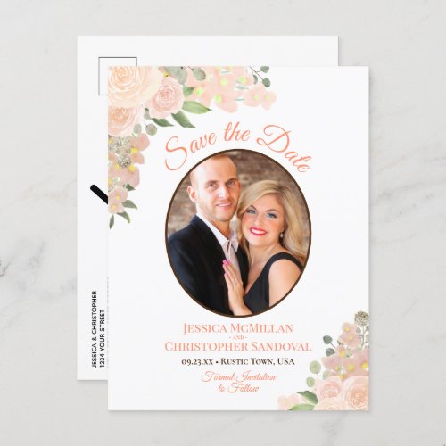 Coral Peach Roses Oval Photo Wedding Save the Date Announcement Postcard