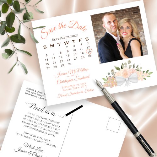 Coral Peach Roses Photo  Calendar Save the Date Announcement Postcard