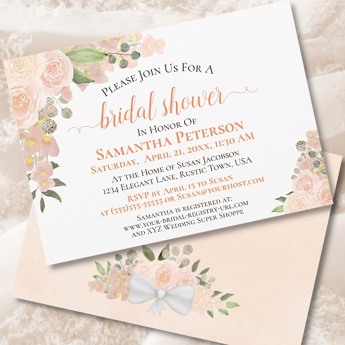 Coral Peach Roses Watercolor Floral Bridal Shower Invitation
