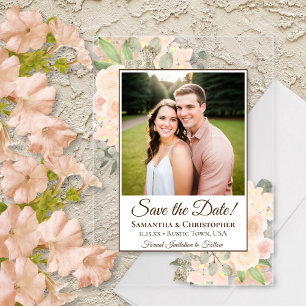 Coral Peach Roses Wedding Save the Date Photo