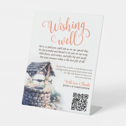 Coral Peach Roses Wedding Wishing Well QR Code Pedestal Sign