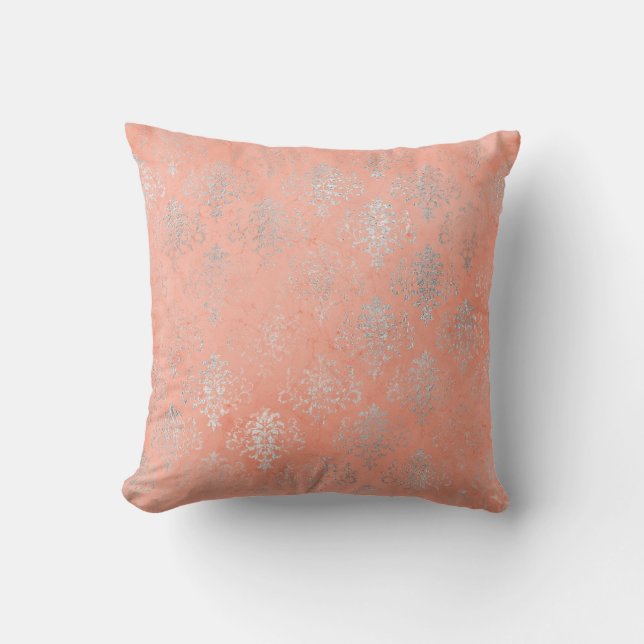 Coral Peach Salmon Damask Blush Silver Rose Floral Throw Pillow (Front)