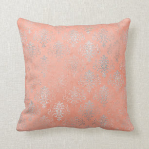 Coral Peach Salmon Damask Blush Silver Rose Floral Throw Pillow