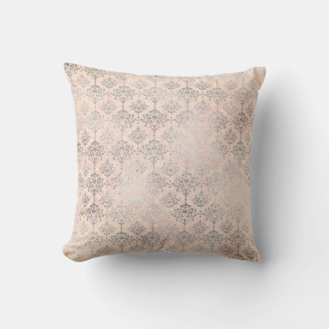 Coral Peach Salmon Damask Gray Silver Rose Floral Throw Pillow (Front)