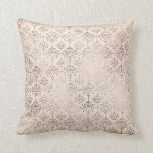 Coral Peach Salmon Damask Gray Silver Rose Floral Throw Pillow