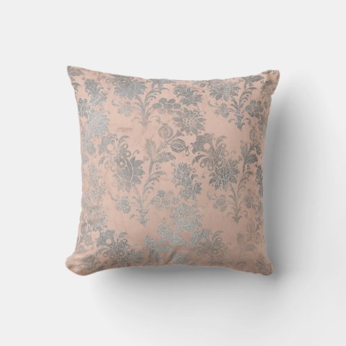 Coral Peach Salmon Gray Blush Silver Rose Floral Throw Pillow