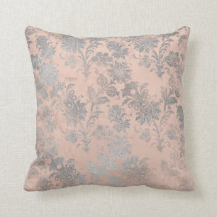 Coral Peach Salmon Gray Blush Silver Rose Floral Throw Pillow