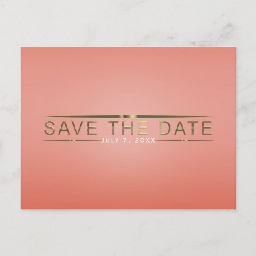 Coral Peach  Shiny Gold Modern Save the Date Announcement Postcard