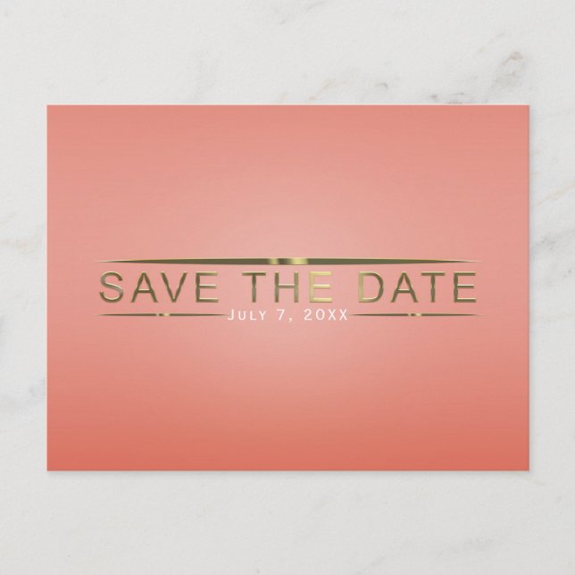Coral Peach & Shiny Gold Modern Save the Date Announcement Postcard (Front)