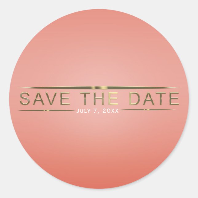 Coral Peach & Shiny Gold Modern Save the Date Classic Round Sticker (Front)
