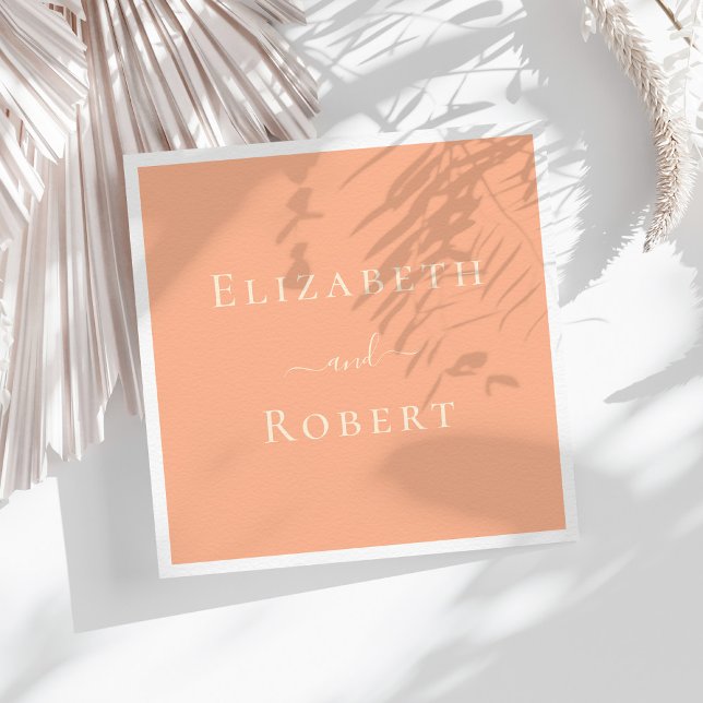 Coral Peach Simple Minimalist Couple Names Wedding Napkins (Coral Peach Simple Minimalist Couple Names Wedding Napkins on a sunny white table.)