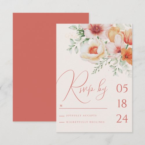 Coral Peach Spring Summer Floral Orange Wedding RSVP Card