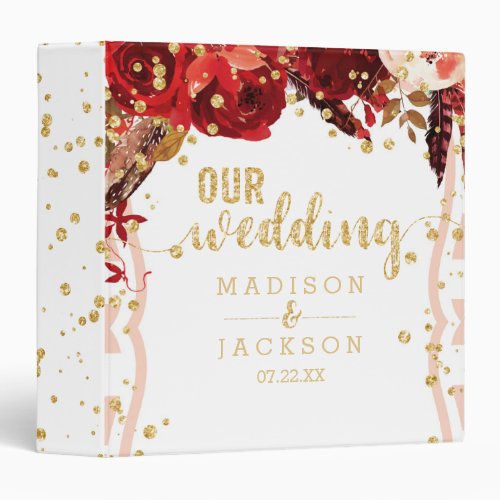 Coral Peach Stripe Floral Gold Wedding Photo Album 3 Ring Binder